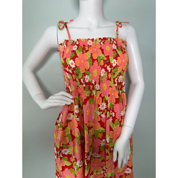 Vintage Y2K Red Floral Smocked Sundress Mini Dress Resortwear size Small - Picture 3 of 5